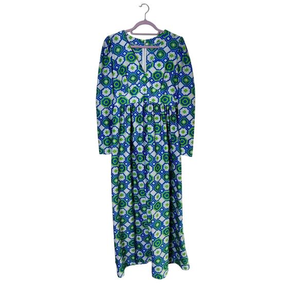 Vintage Dresses & Skirts - Vintage Handmade Mod Floral Geometric Long Sleeve Maxi Dress 60s 70s Large XL